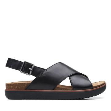 Black Clarks Elayne Cross Leather Women's Sandals | SG_MR223