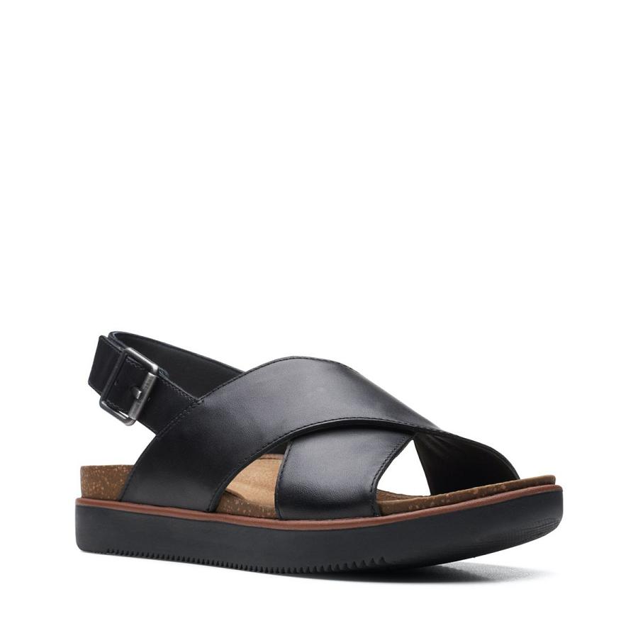 Black Clarks Elayne Cross Leather Women's Sandals | SG_MR223