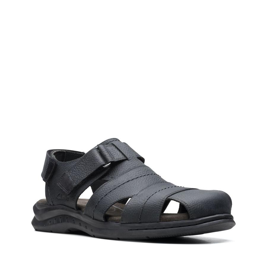 Black Clarks Hapsford Cove Blk Tumbled Leather Men's Sandals | SG_KB71