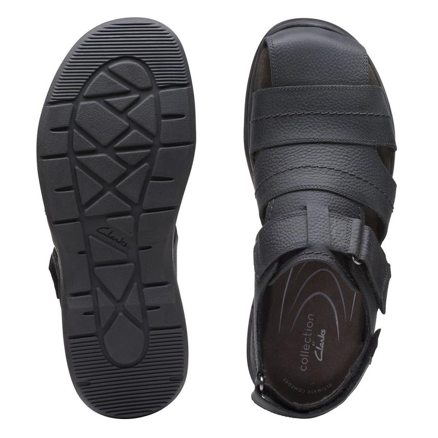 Black Clarks Hapsford Cove Blk Tumbled Leather Men's Sandals | SG_KB71