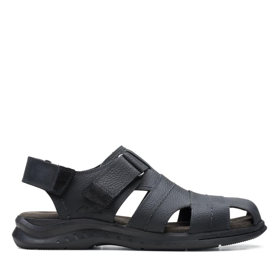 Black Clarks Hapsford Cove Blk Tumbled Leather Men\'s Sandals | SG_KB71