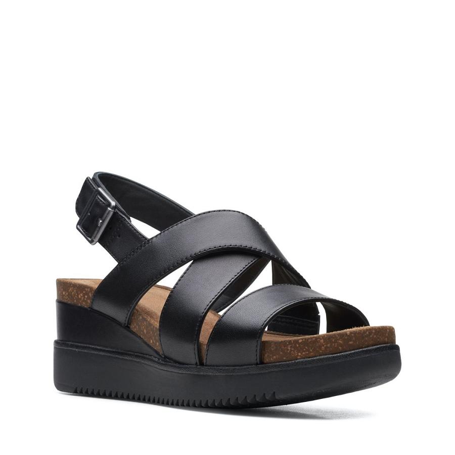 Black Clarks Lizby Cross Leather Women's Sandals | SG_QF272