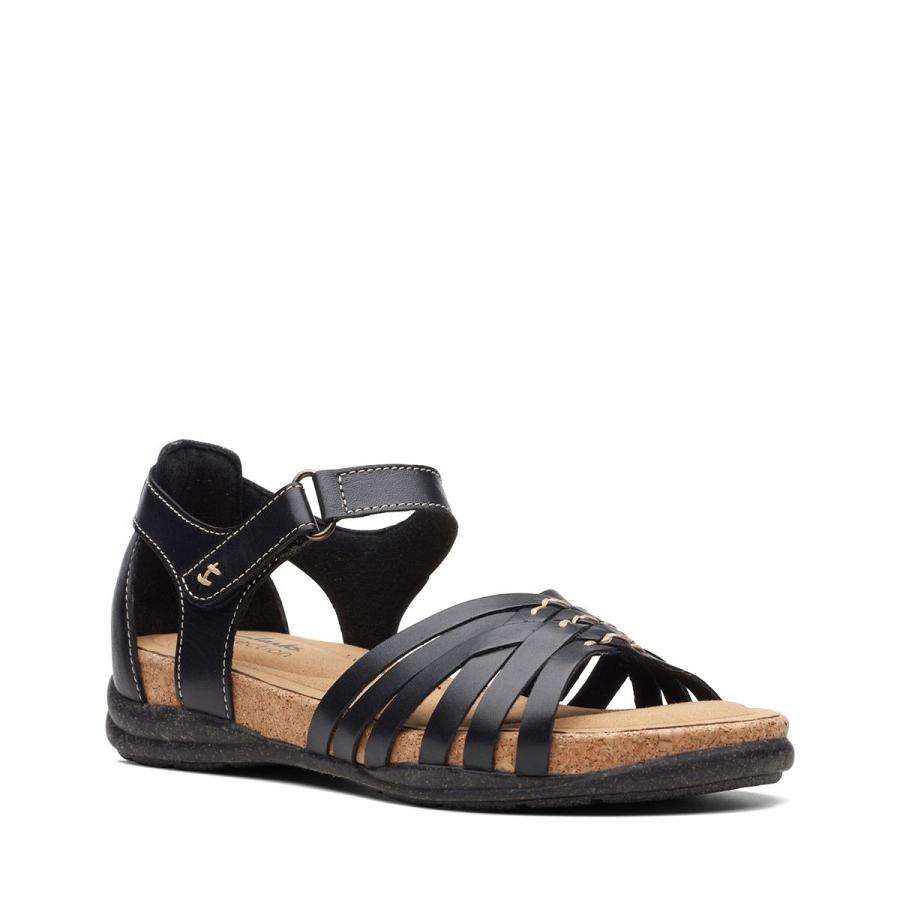 Black Clarks Roseville Cove Leather Women's Sandals | SG_AH346