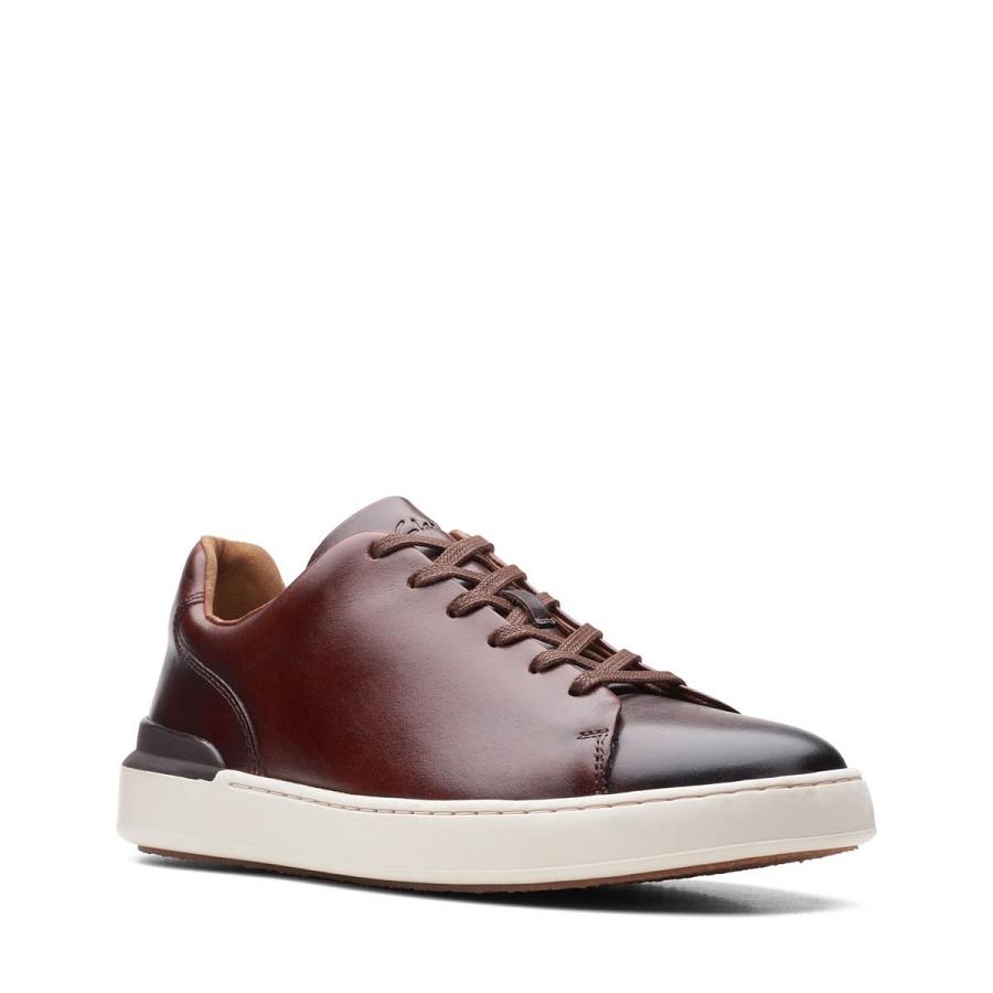 Dark Brown Clarks Court Lite Lace Leather Men's Sneakers | SG_JX16