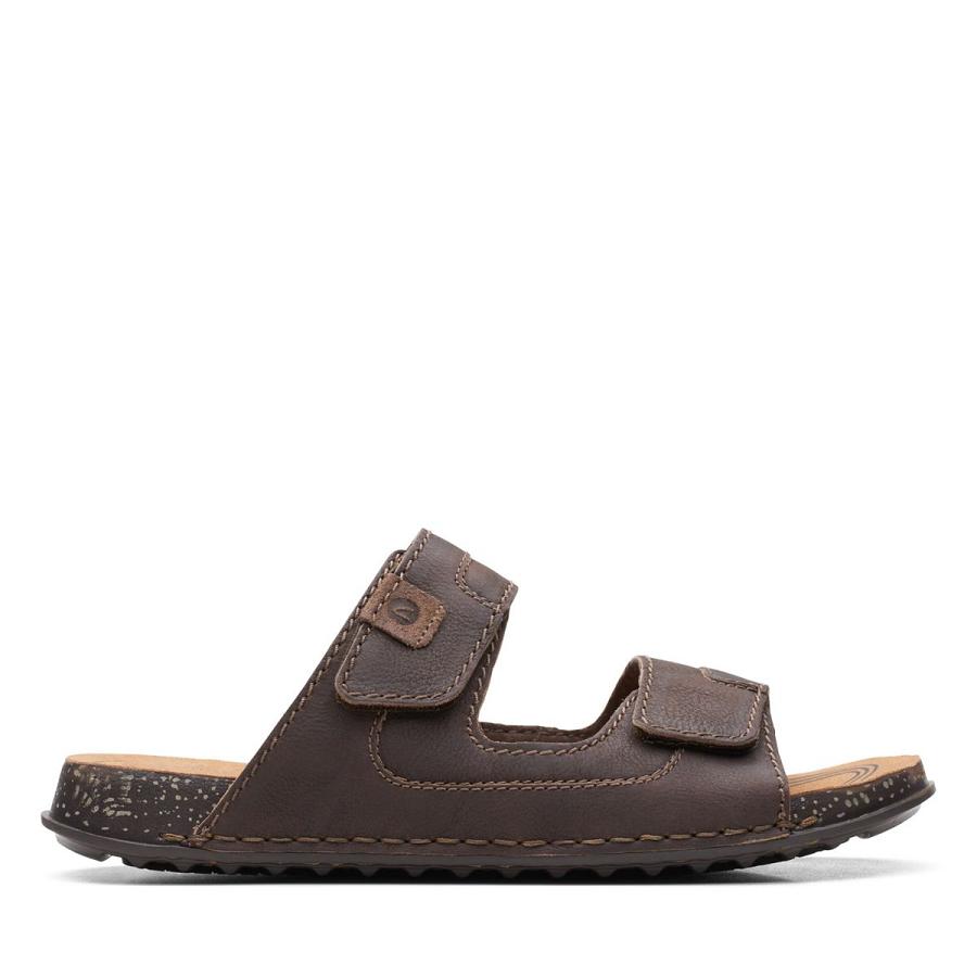 Dark Brown Clarks Crestview Easy Lea Men\'s Sandals | SG_KB23